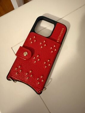 Bandolier Red Leather Studded Crossbody Phone Case with Gold Accents